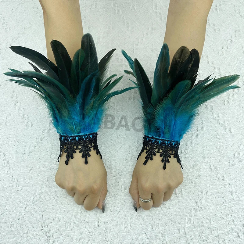 Natural Feather Sleeve Cuffs Gloves Party Cosplay Lace Wrist Cuffs Fur Sleeve Furry Accessories Carnival Stage Show Costume - Daisan Mart