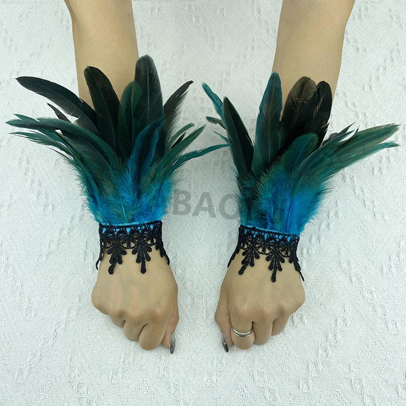 Natural Feather Sleeve Cuffs Gloves Party Cosplay Lace Wrist Cuffs Fur Sleeve Furry Accessories Carnival Stage Show Costume - Daisan Mart