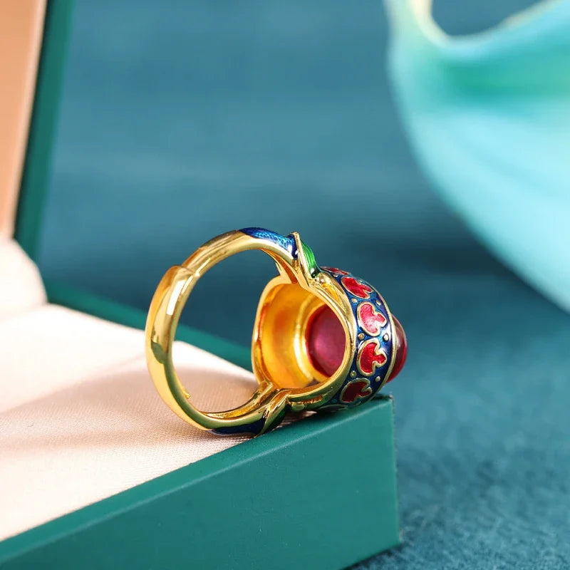 Nhẫn vàng cổ điển mã não hoa men quốc phong sang trọng - Daisan Mart