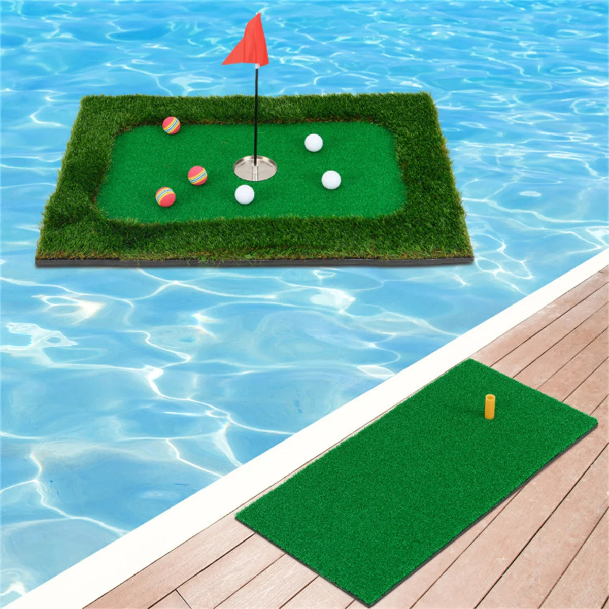 Sân golf mini nổi trên hồ bơi, cờ đỏ, bóng golf trắng và nhiều màu, thảm xanh trên sàn gỗ.