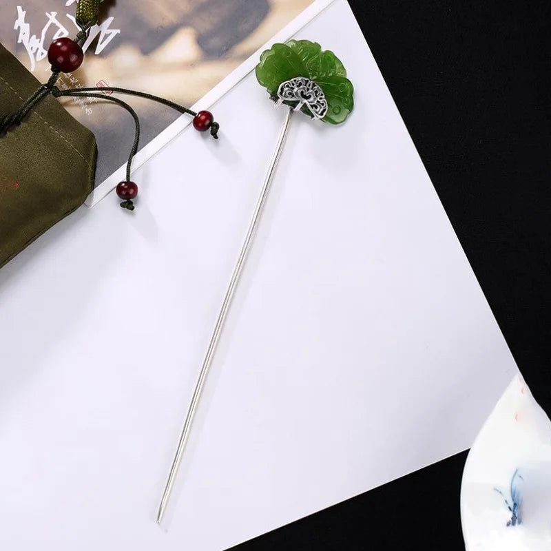 Trâm cài tóc bướm bạc 925 ngọc bích phong cách cổ - Daisan Mart