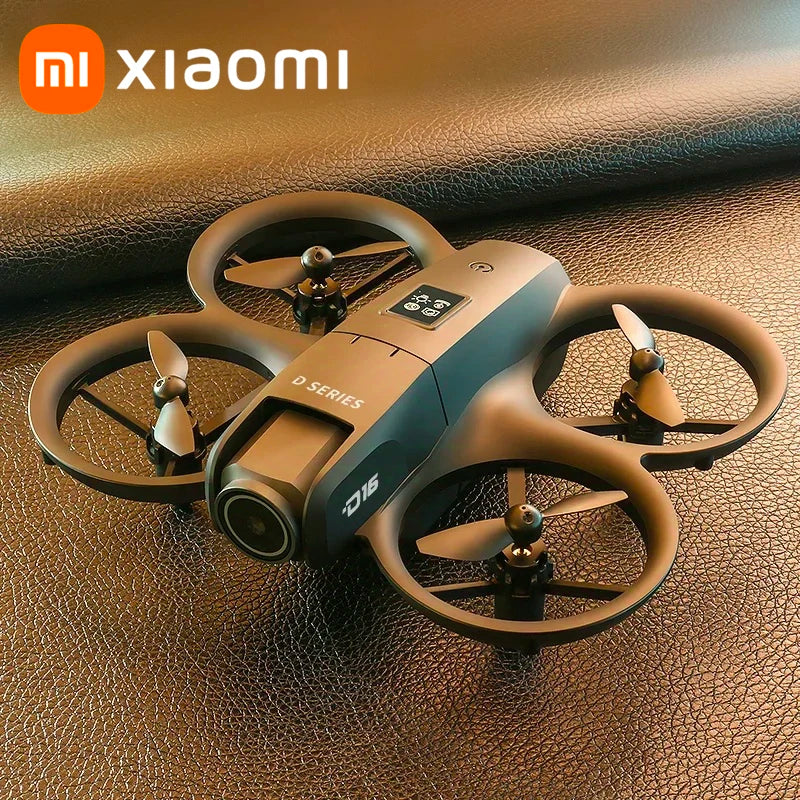 Máy bay không người lái màu đen với bốn cánh quạt trên bề mặt da, có màn hình nhỏ và logo.