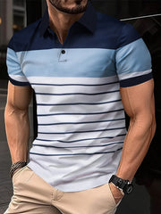 男士條紋高爾夫球衫，透氣，半袖口短袖