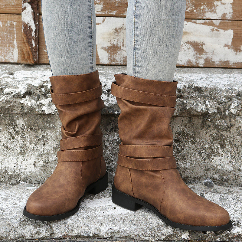 Mid Calf Ruched Buckle Solid Color Retro Western Short Boots For Women Cowboy Boots - Daisan Mart