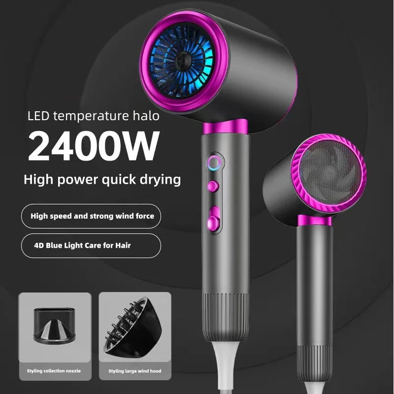 Máy sấy tóc màu đen và hồng, công suất 2400W, có đèn LED xanh và hai đầu phụ kiện.