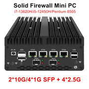 Máy tính mini màu đen với nhiều cổng kết nối, có dòng chữ "Solid Firewall Mini PC".