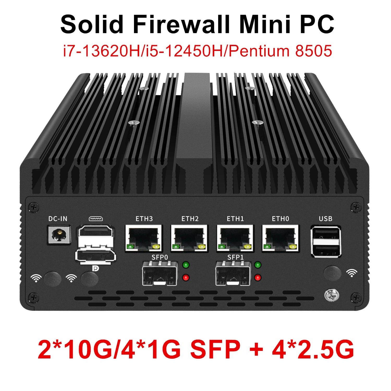Máy tính mini màu đen với nhiều cổng kết nối, có dòng chữ "Solid Firewall Mini PC".