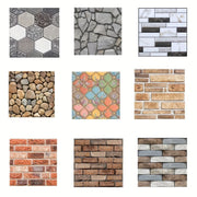 Chín mẫu gạch lát: hình lục giác, đá xám, trắng đen, sỏi, màu sắc, gạch nâu, cam, đỏ.