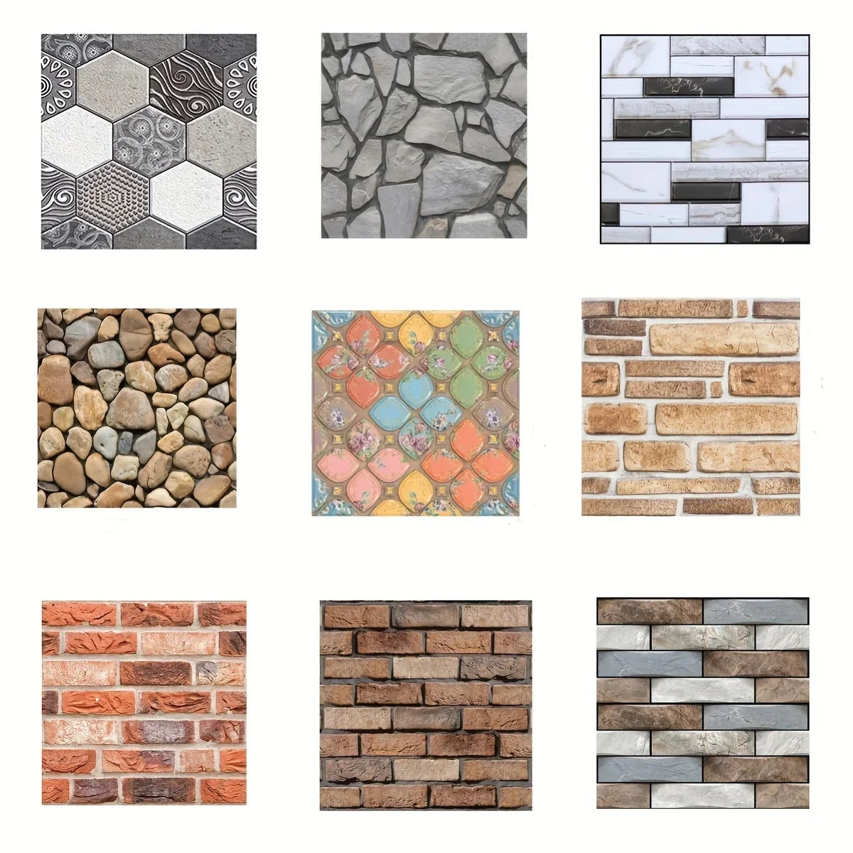 Chín mẫu gạch lát: hình lục giác, đá xám, trắng đen, sỏi, màu sắc, gạch nâu, cam, đỏ.