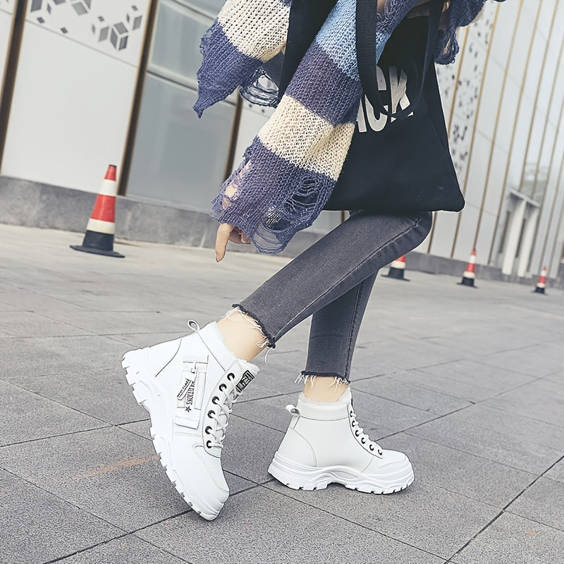 [Warm Fleece-Lined Winter Boots] Warm Fleece-Lined Women's Winter High-Top Boots - Thick Rubber Sole, Lace-Up Casual Style, White & Beige, Perfect for Cold Weather Comfort - Daisan Mart