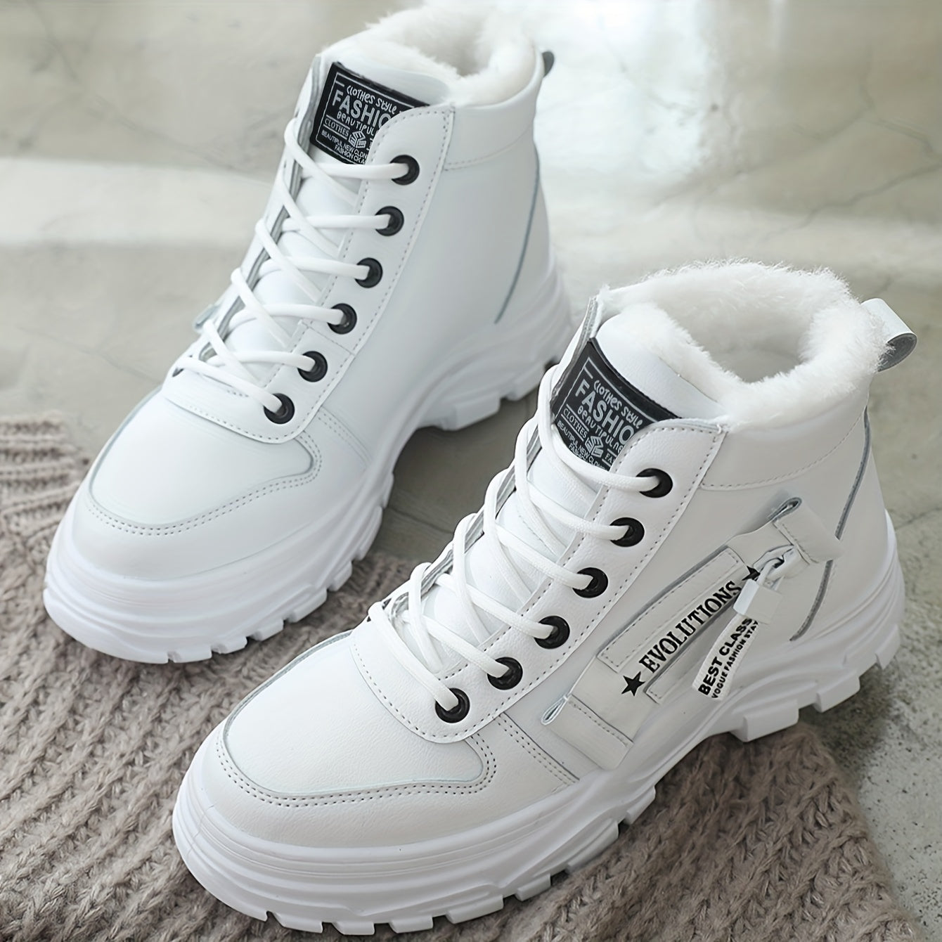 [Warm Fleece-Lined Winter Boots] Warm Fleece-Lined Women's Winter High-Top Boots - Thick Rubber Sole, Lace-Up Casual Style, White & Beige, Perfect for Cold Weather Comfort - Daisan Mart