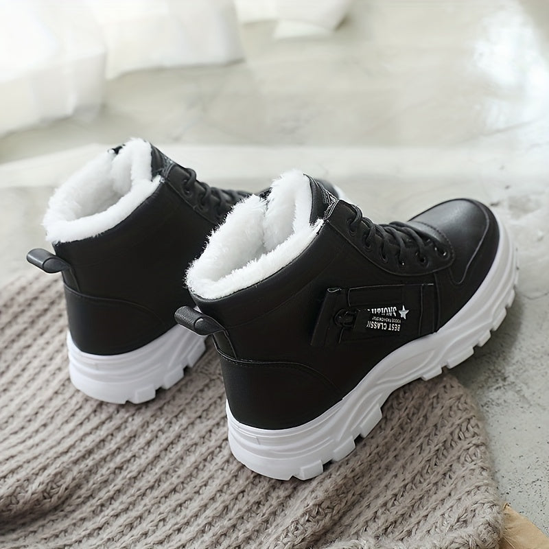 [Warm Fleece-Lined Winter Boots] Warm Fleece-Lined Women's Winter High-Top Boots - Thick Rubber Sole, Lace-Up Casual Style, White & Beige, Perfect for Cold Weather Comfort - Daisan Mart