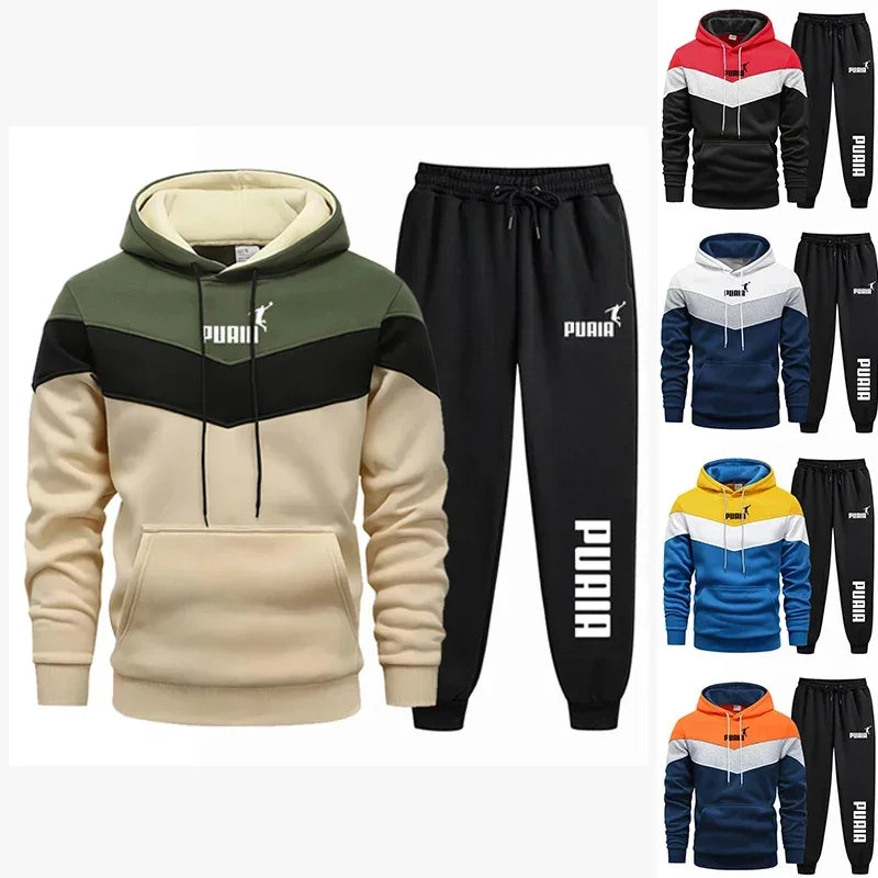 Bộ đồ thể thao nhiều màu, gồm áo hoodie và quần, màu chủ đạo: xanh, đen, kem, đỏ, vàng, cam.