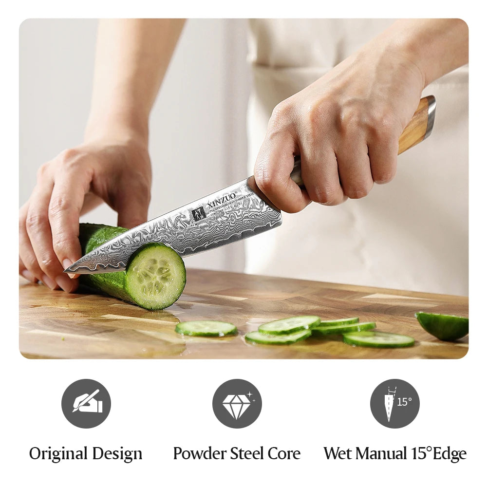 XINZUO 5" inch Utility Knife Kitchen Knives Japanese 73-layer Powder Steel Core Damascus Steel 62-64 HRC Vegetable Peeling Knife - Daisan Mart