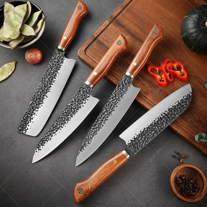 5CR15MOV Steel Chef Knife Set with Wooden Handle Forged Meat Cleaver Japanese Santoku Knife Kitchen Knife Storage Bag - Daisan Mart