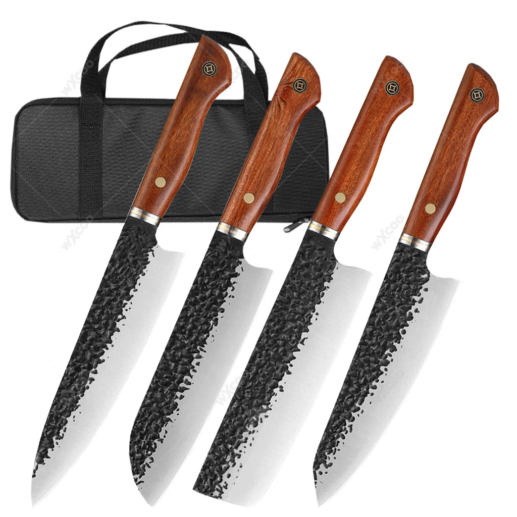 5CR15MOV Steel Chef Knife Set with Wooden Handle Forged Meat Cleaver Japanese Santoku Knife Kitchen Knife Storage Bag - Daisan Mart