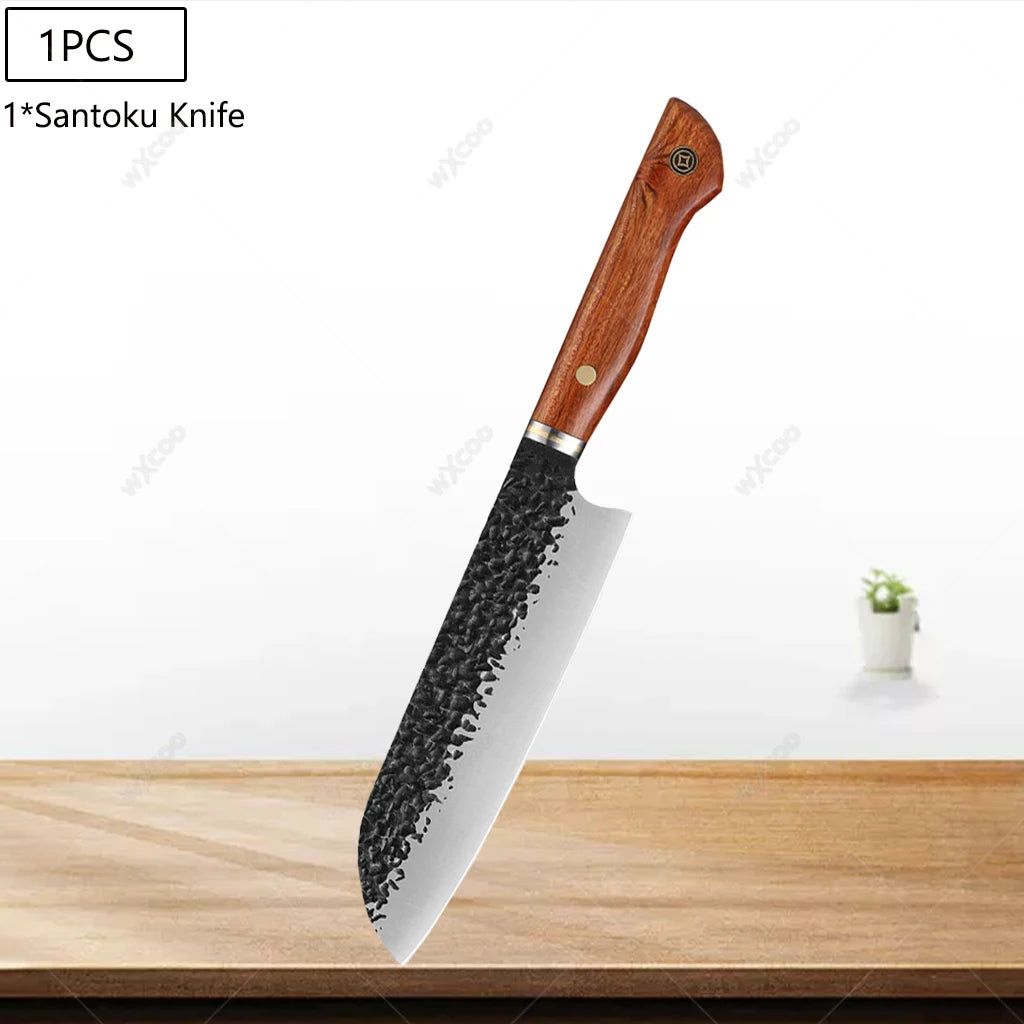 5CR15MOV Steel Chef Knife Set with Wooden Handle Forged Meat Cleaver Japanese Santoku Knife Kitchen Knife Storage Bag - Daisan Mart