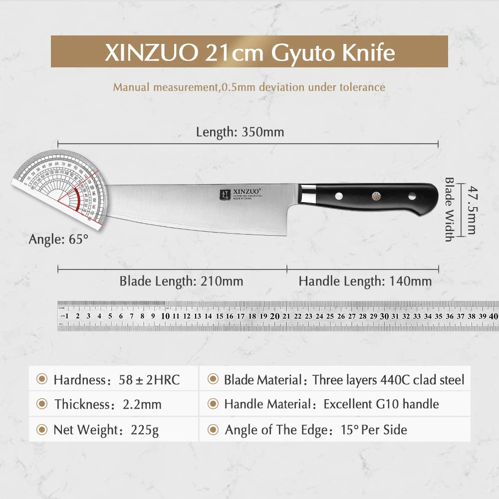 XINZUO 210mm Chef Knife 3 Layer 440C Core Clad Steel Kitchen Knives Stainless Steel Sharp Butchers Gyutou Knife with G10 Handle - Daisan Mart