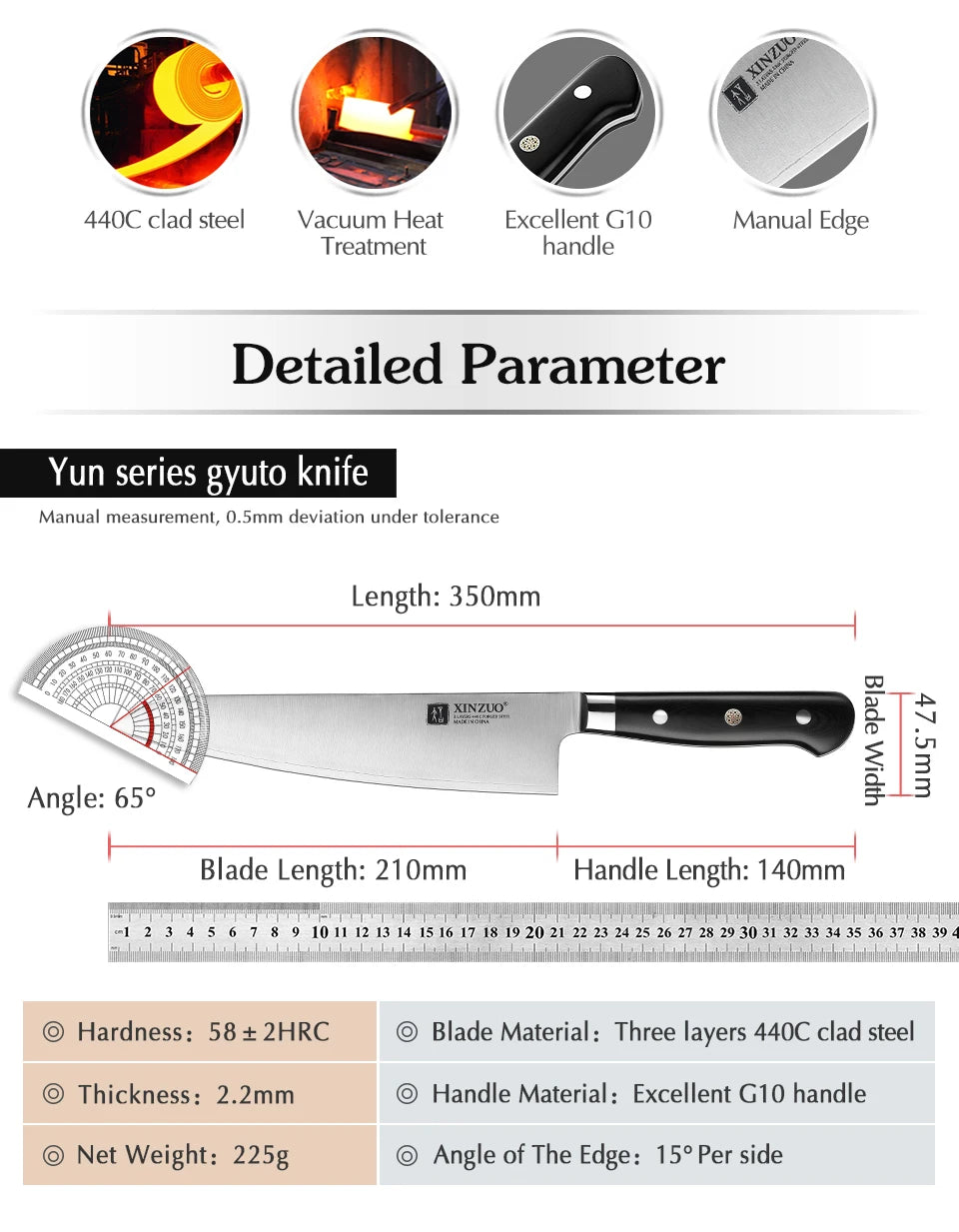 XINZUO 210mm Chef Knife 3 Layer 440C Core Clad Steel Kitchen Knives Stainless Steel Sharp Butchers Gyutou Knife with G10 Handle - Daisan Mart