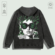 Áo hoodie màu đen in hình người đeo kính đô la xanh, chữ "Furious" phía trên.