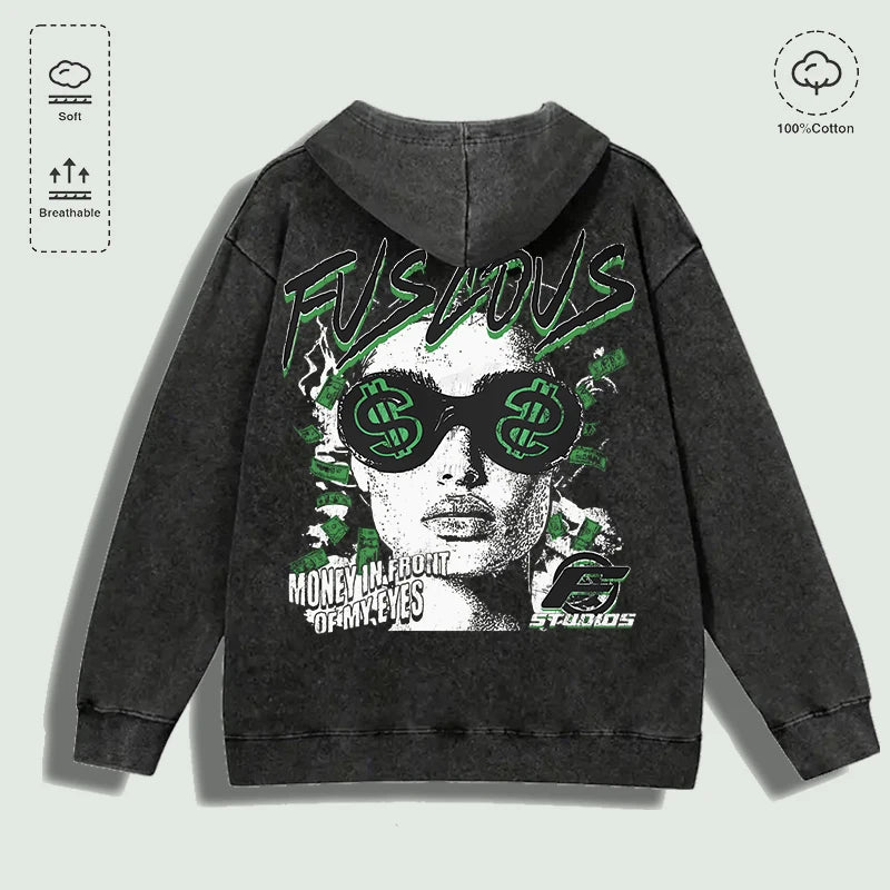 Áo hoodie màu đen in hình người đeo kính đô la xanh, chữ "Furious" phía trên.