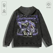 Áo hoodie đen với hình vẽ bộ xương áo choàng tím, nền tia sét tím và chữ nghệ thuật.