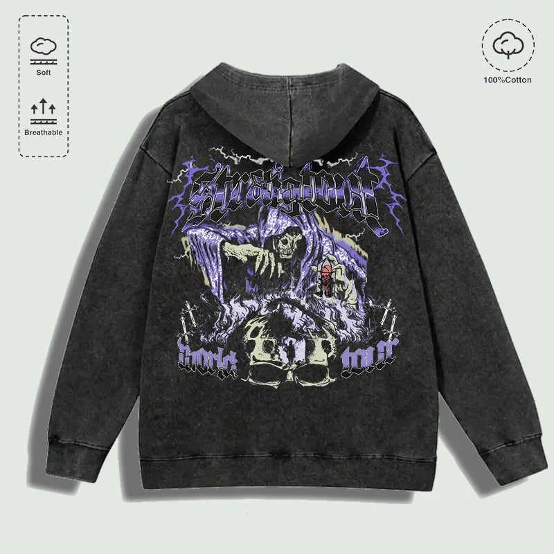 Áo hoodie đen với hình vẽ bộ xương áo choàng tím, nền tia sét tím và chữ nghệ thuật.