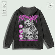 Áo hoodie đen, in hình cô gái và đầu lâu màu tím, chữ "Stranger" và "Death Before Dishonor".