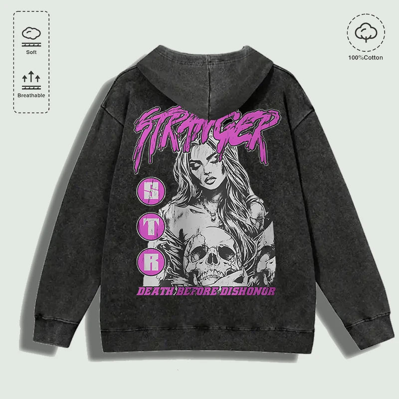 Áo hoodie đen, in hình cô gái và đầu lâu màu tím, chữ "Stranger" và "Death Before Dishonor".