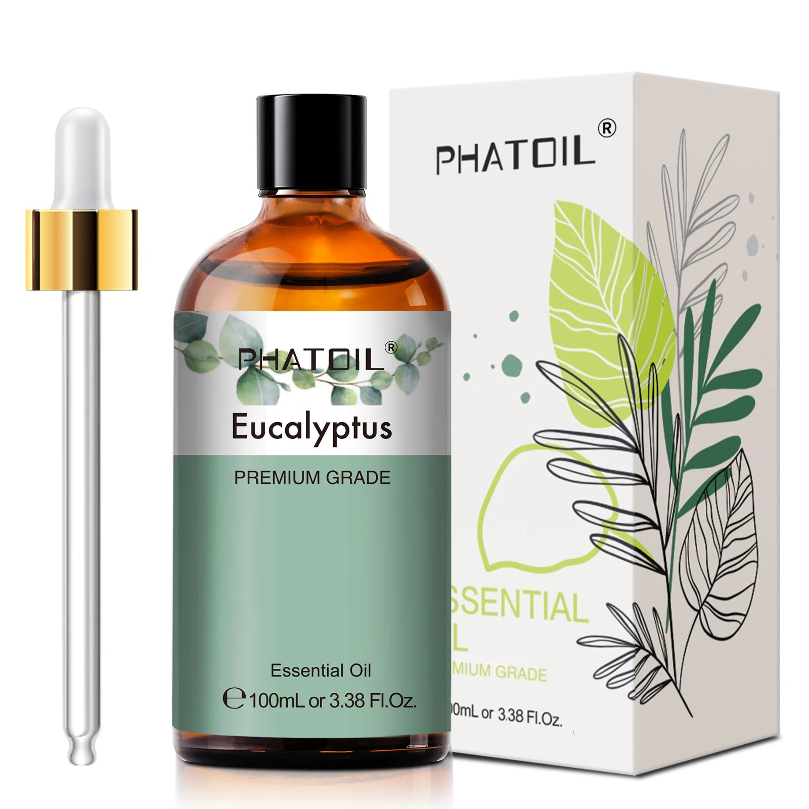 Chai dầu khuynh diệp Phatoil 100ml, hộp nền trắng có họa tiết lá xanh.