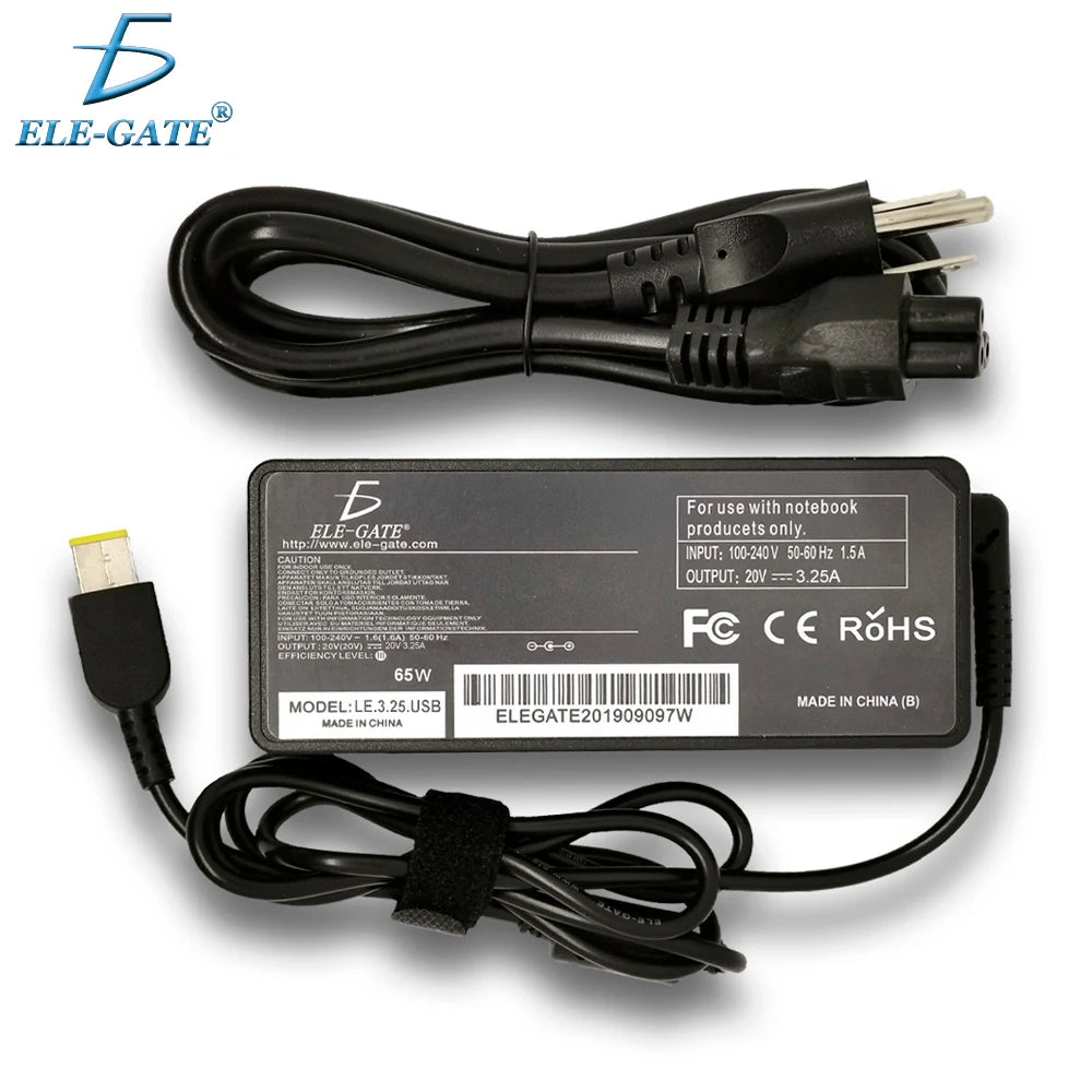 Bộ sạc laptop màu đen, có nhãn ELE-GATE, kèm dây nguồn quấn gọn, cổng kết nối vàng.