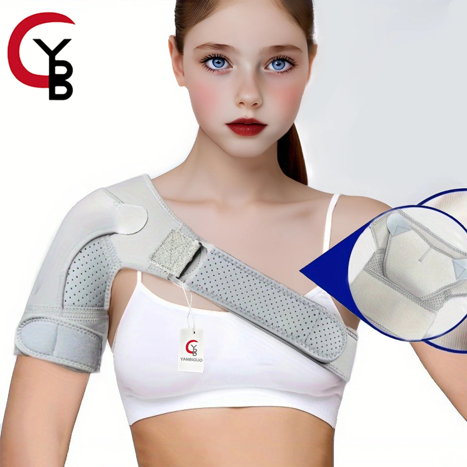 Người mẫu đeo đai vai màu xám, áo ngực trắng, nền trắng, logo đỏ đen phía trên.