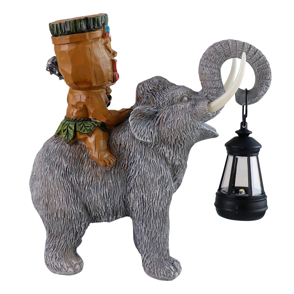 US Stock Tiki Man Riding Elephant with Lantern Resin Craft Ornament, Outdoor Garden Decor - Daisan Mart