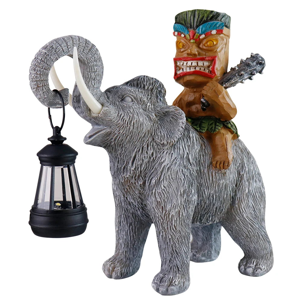 US Stock Tiki Man Riding Elephant with Lantern Resin Craft Ornament, Outdoor Garden Decor - Daisan Mart