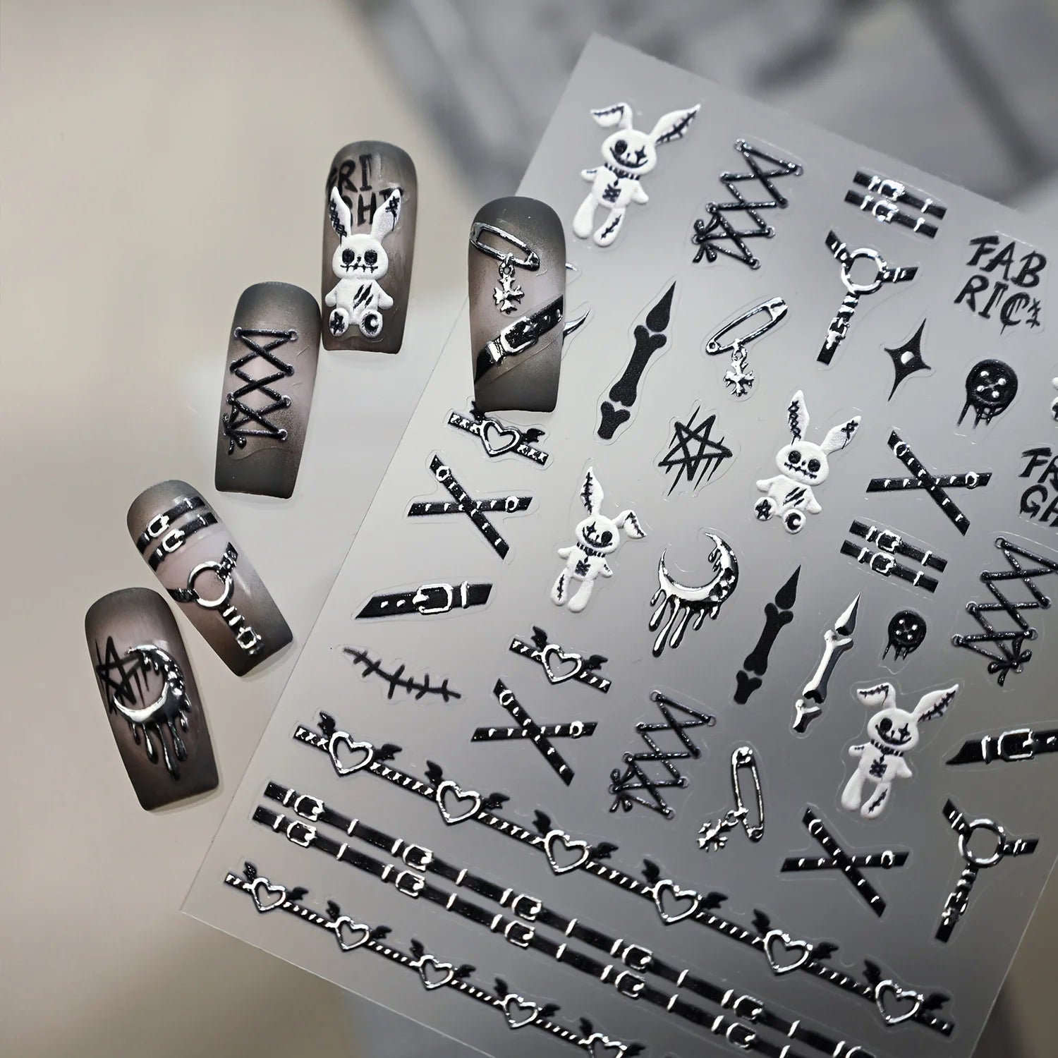 Nail Dán Halloween 5D Punk Bạc Thỏ Thiên Thần Xương - Daisan Mart