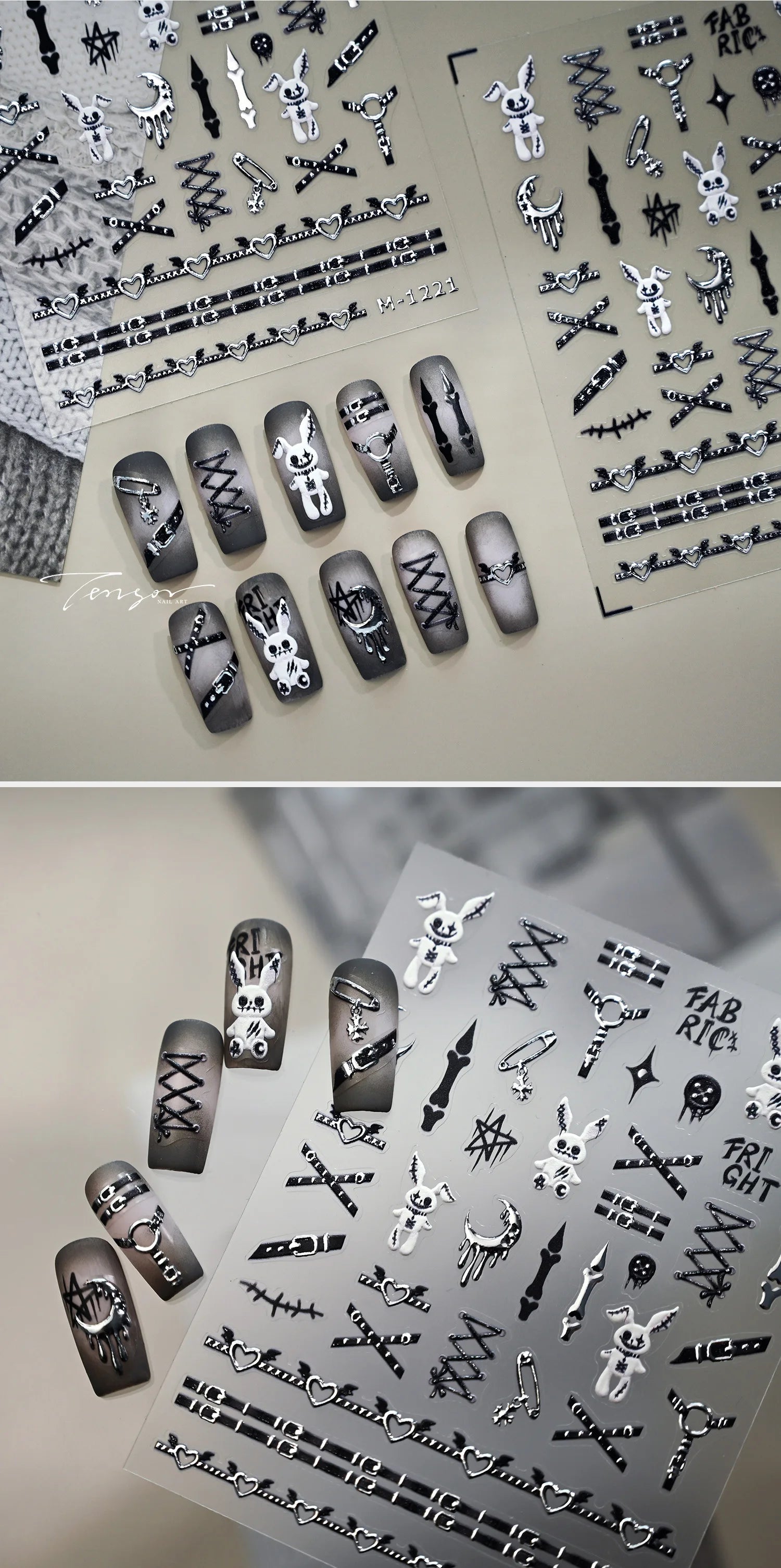 Nail Dán Halloween 5D Punk Bạc Thỏ Thiên Thần Xương - Daisan Mart