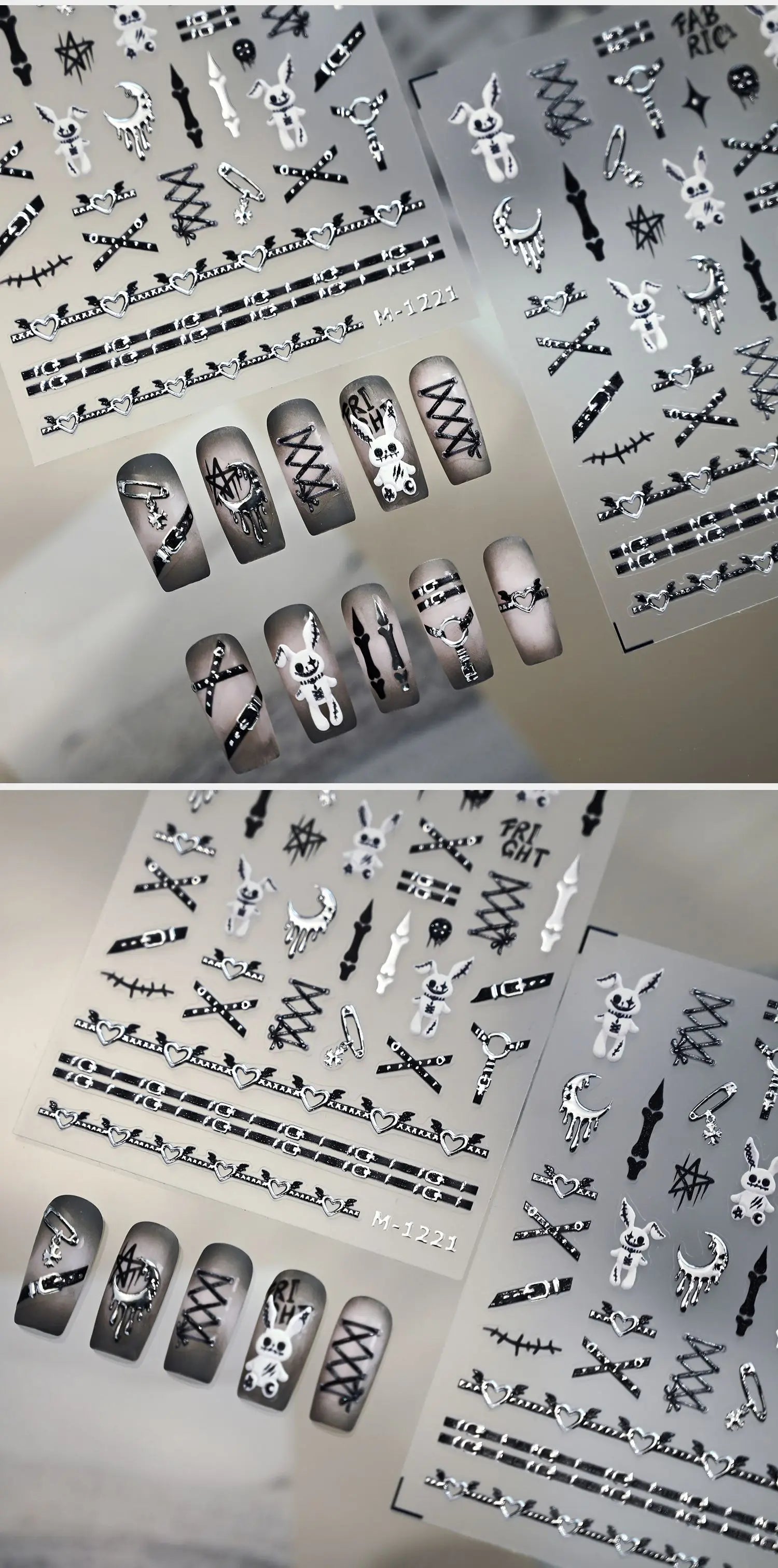 Nail Dán Halloween 5D Punk Bạc Thỏ Thiên Thần Xương - Daisan Mart