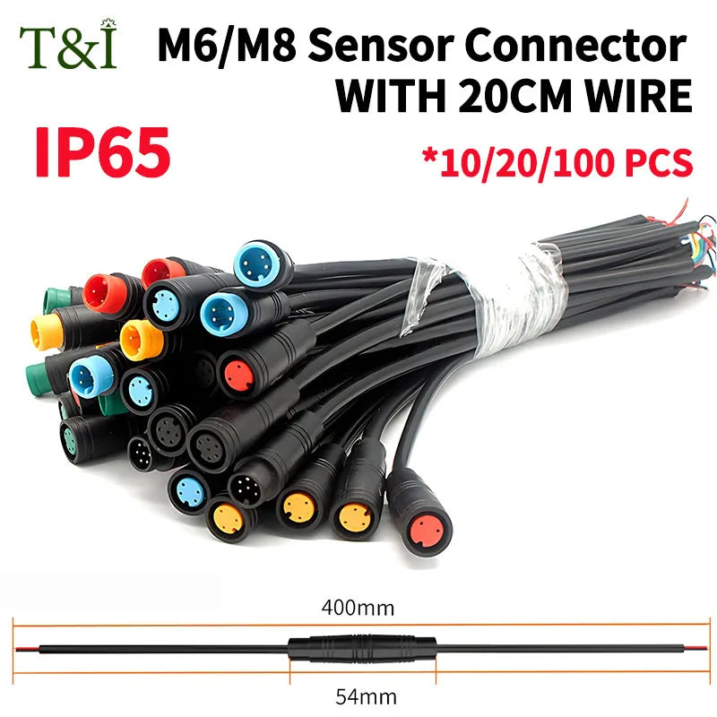 Bó dây nối cảm biến M6/M8, đầu màu sắc khác nhau, dây dài 20cm, chuẩn IP65.