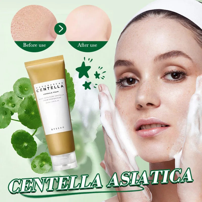 Hình ảnh sản phẩm Centella Asiatica dạng kem, minh họa da trước và sau khi dùng, nền xanh lá.