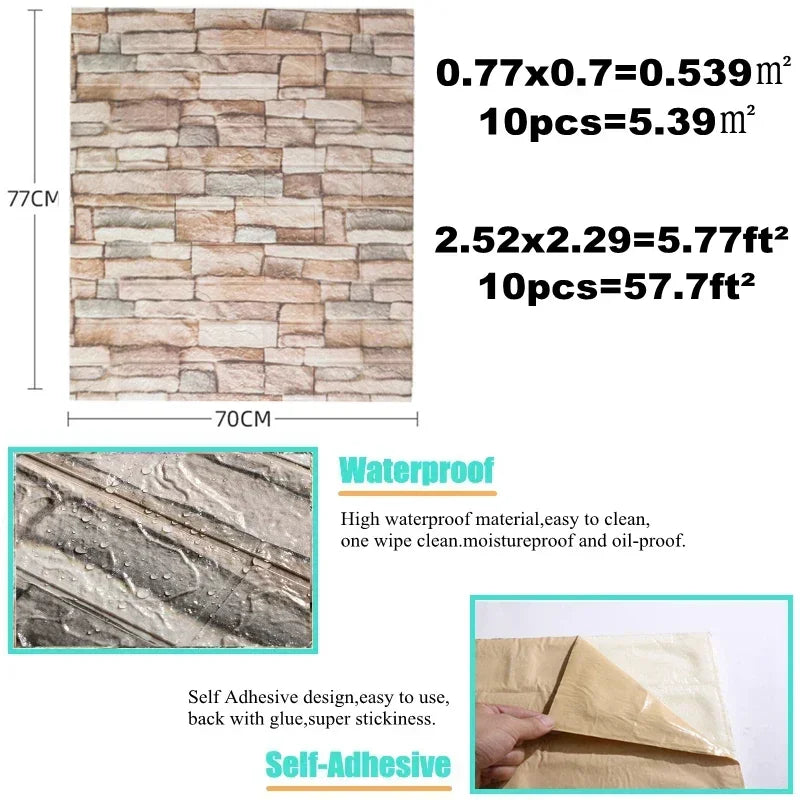 3D Brick Wall Sticker Strong three-dimensional 77*70cm Monochrome and Retro adesivos de parede paper Bring the fun of home life - Daisan Mart