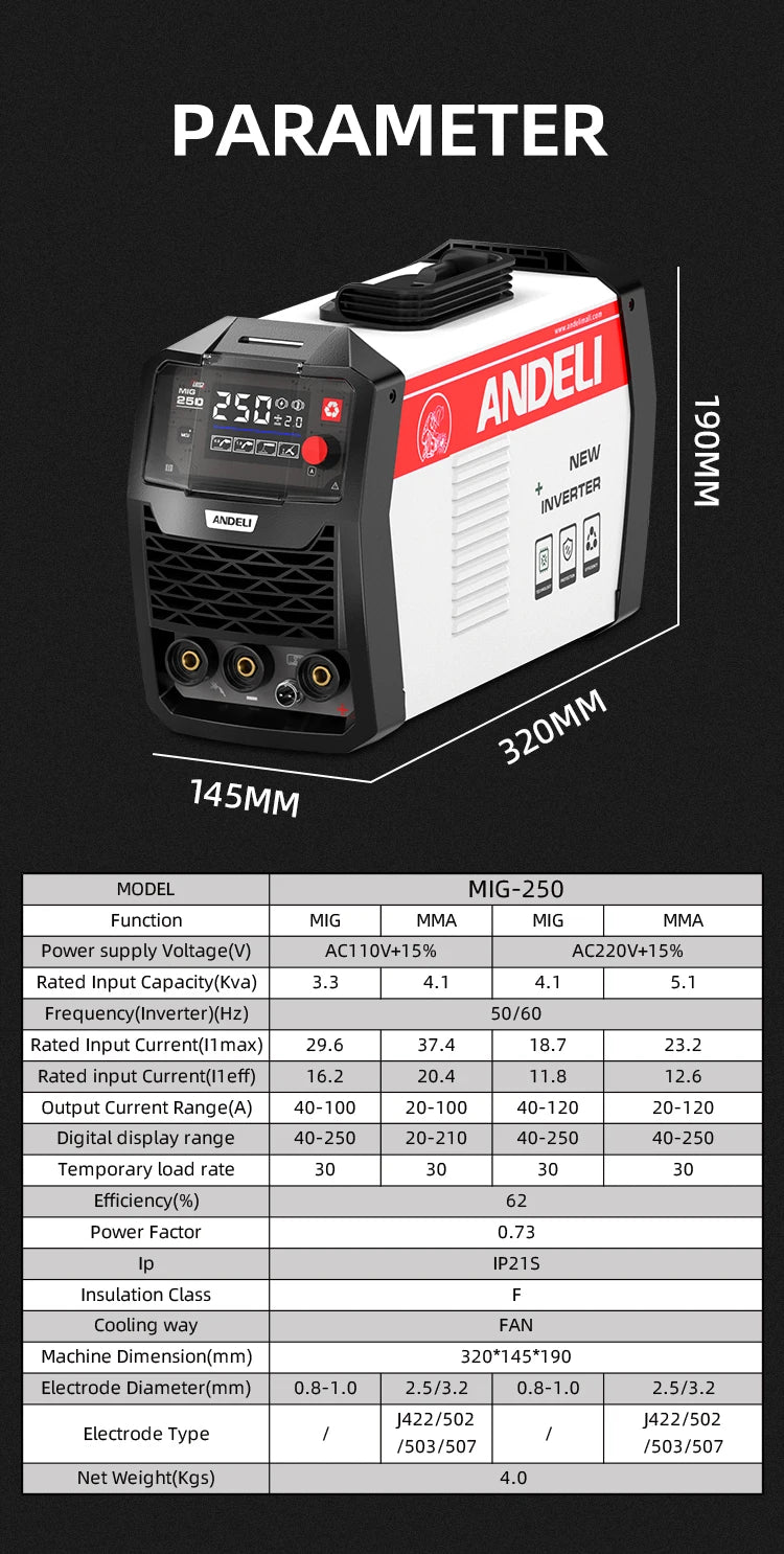 ANDELI MIG-250 MIG Welders MIG MMA Lift TIG 3 in 1 Inverter Semi-automatic Welding Machine With Flux Cored Wire Metal Welding - Daisan Mart