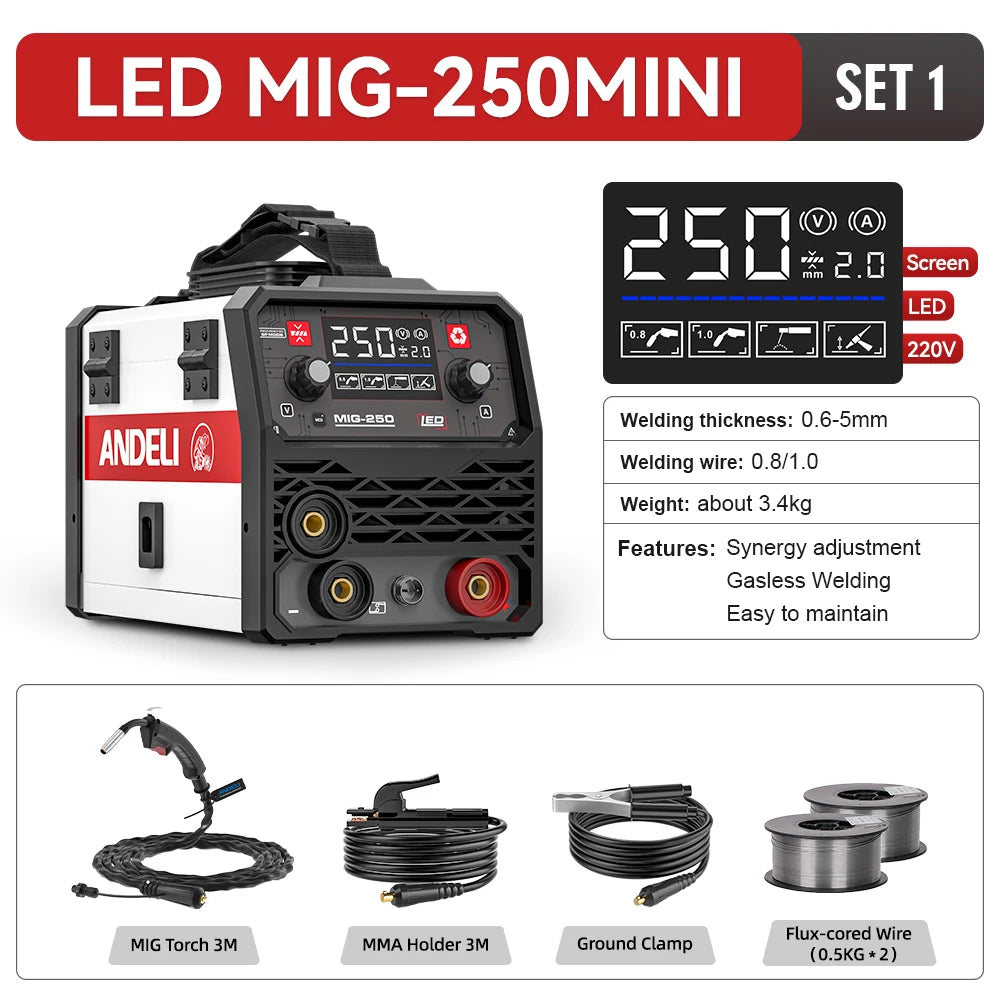 ANDELI MIG-250 MIG Welders MIG MMA Lift TIG 3 in 1 Inverter Semi-automatic Welding Machine With Flux Cored Wire Metal Welding - Daisan Mart