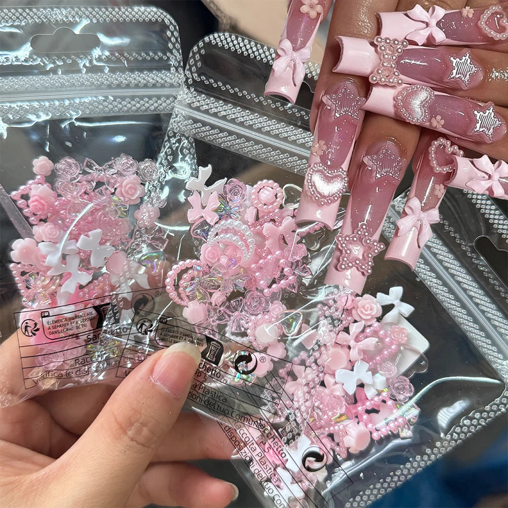 50/100 件粉紅色白色蝴蝶結珍珠混合指甲飾 3D 可愛樹脂心形月亮蝴蝶結花朵指甲裝飾 DIY 工藝品珠寶配件
