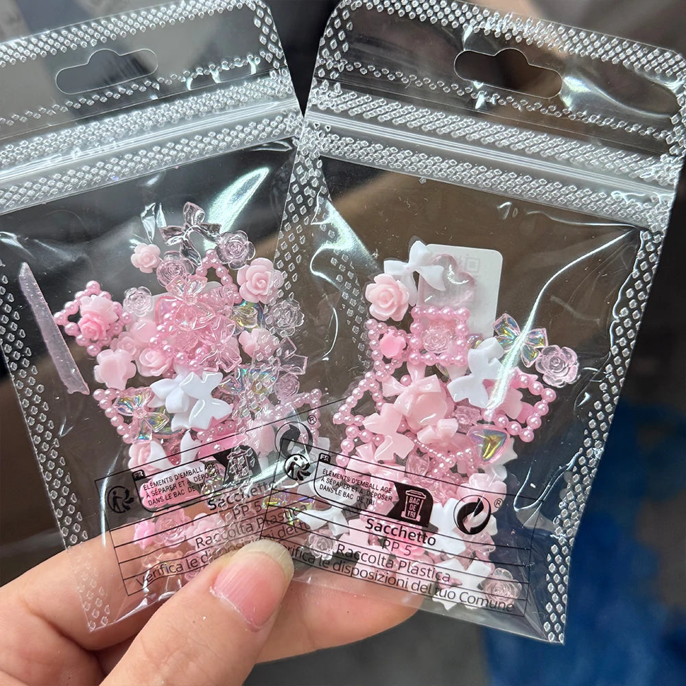 50/100 件粉紅色白色蝴蝶結珍珠混合指甲飾 3D 可愛樹脂心形月亮蝴蝶結花朵指甲裝飾 DIY 工藝品珠寶配件