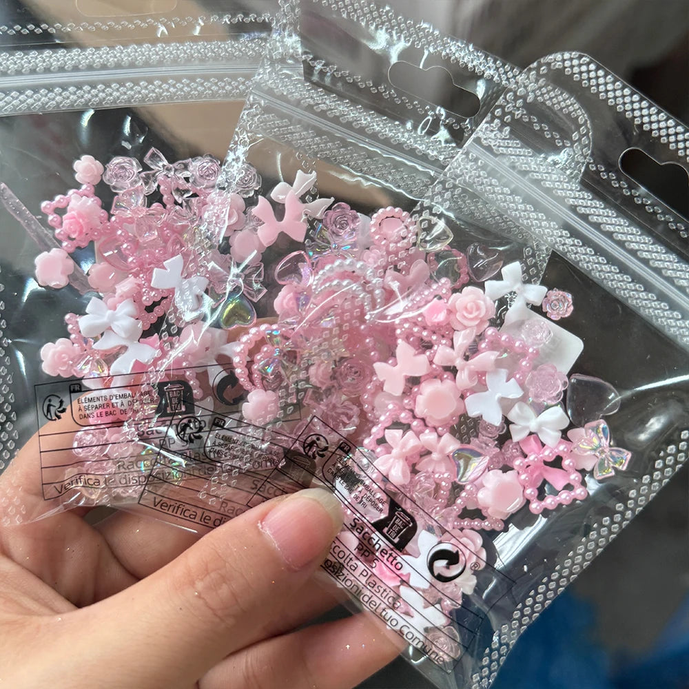 50/100pcs Pink White Bow Pearl Mixed Nail Charms 3D Kawaii Resin Heart Moon Bowknot Flower Nail Deco DIY Crafts Jewelry Accessor