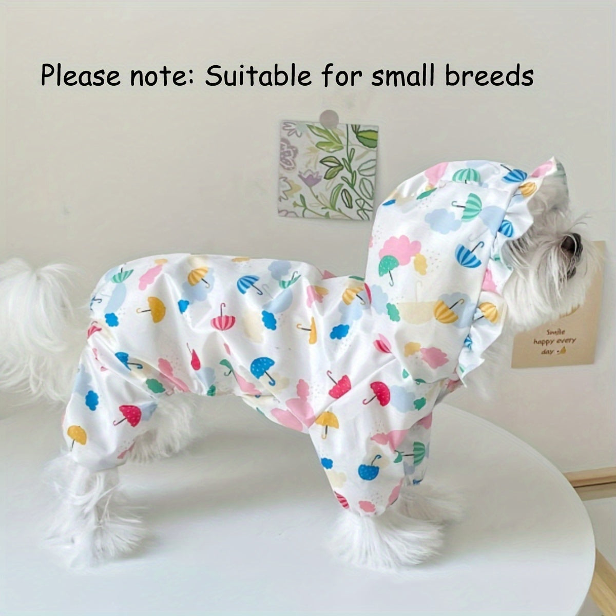 Chó nhỏ mặc áo mưa trắng có họa tiết ô nhiều màu; nền sáng và chữ "Suitable for small breeds".