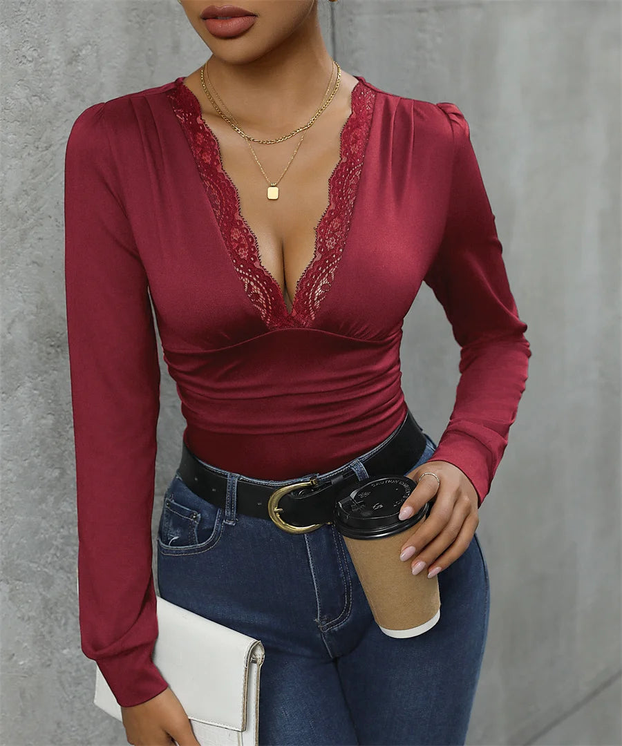 Benuynffy Sexy Deep V-neck Contrast Lace Bodysuit Women's Spring Fall Long Sleeve Club Party Elegant One-piece Body Tops - Daisan Mart