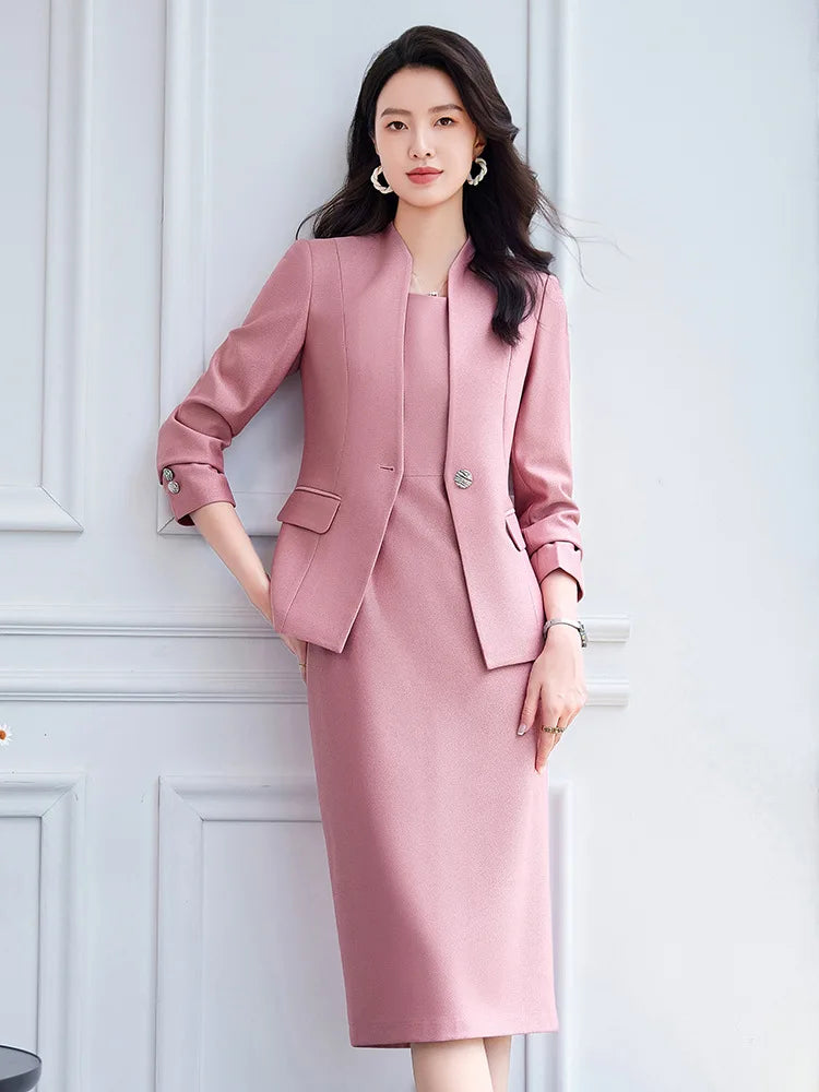 Bộ Vest Nữ Công Sở Sang Trọng Áo Khoác & Đầm Hồng - Daisan Mart