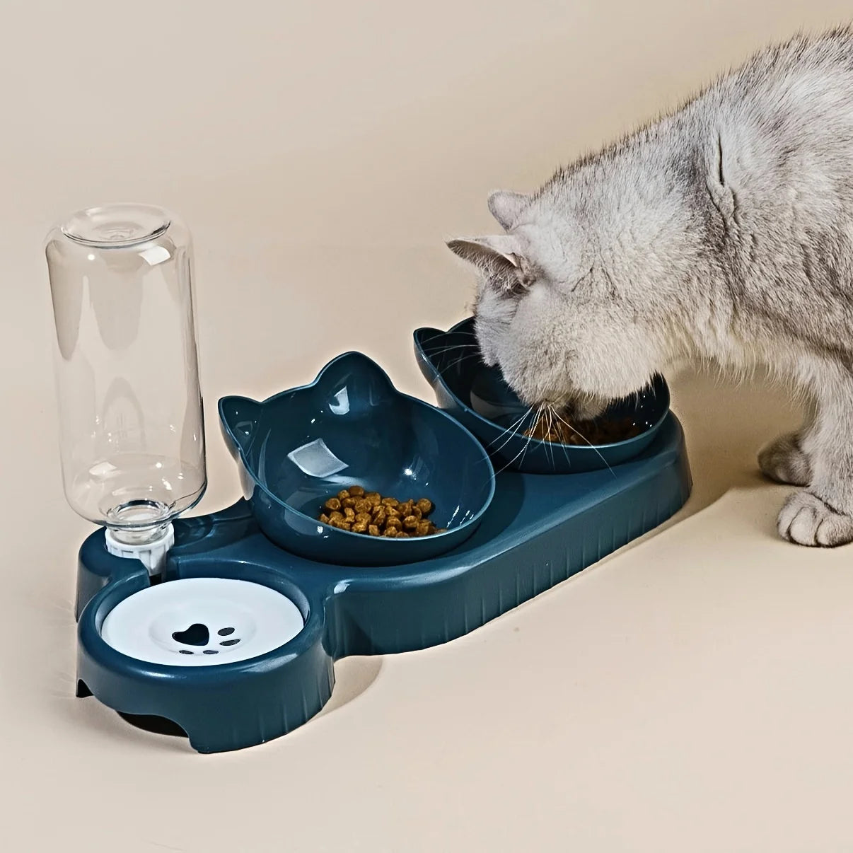 Pet Bowls With Water Feeder, 3 In 1 Ear Design Tilted Cat Water And Food Bowl Set With Gravity Water Bottle For Neck Protection - Daisan Mart