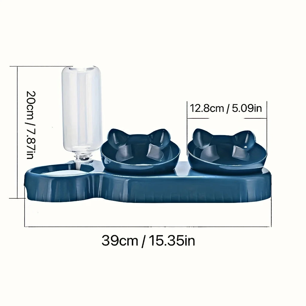 Pet Bowls With Water Feeder, 3 In 1 Ear Design Tilted Cat Water And Food Bowl Set With Gravity Water Bottle For Neck Protection - Daisan Mart
